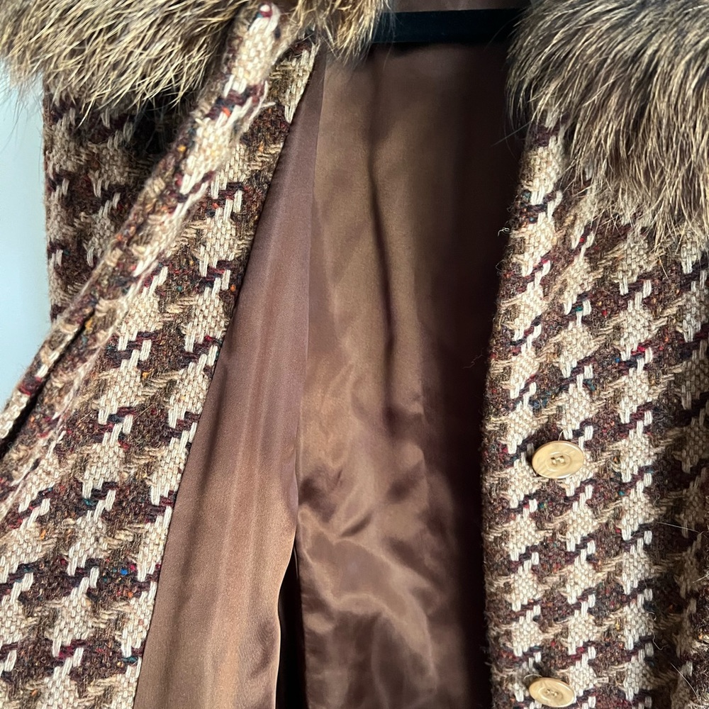Marvin Richards VTG NEW Houndstooth Wool Coat with Fox Fur Collar Size 10 - Picture 10 of 14